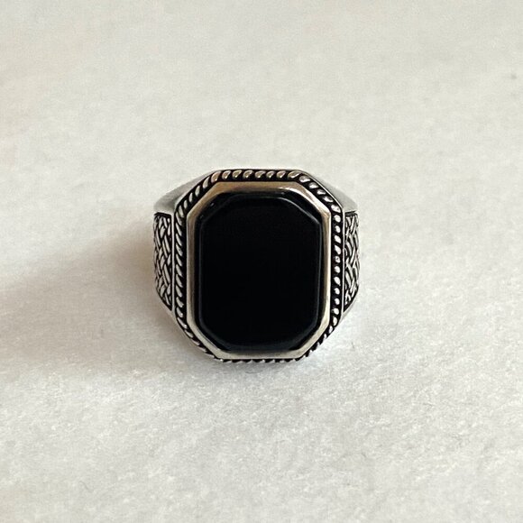 Sterling Silver 925 BS Black Onyx Signet Style Basketweave Unisex Band Ring Sz 9 - Picture 3 of 16
